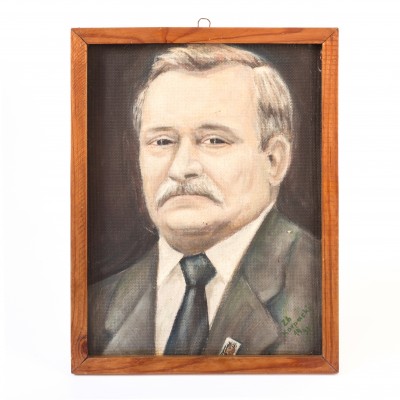 Sentymentalny portret Lecha Wałęsy. Sygn. Zb. Korpacki. Akryl na dykcie sygnowanej PEWEX. 1991